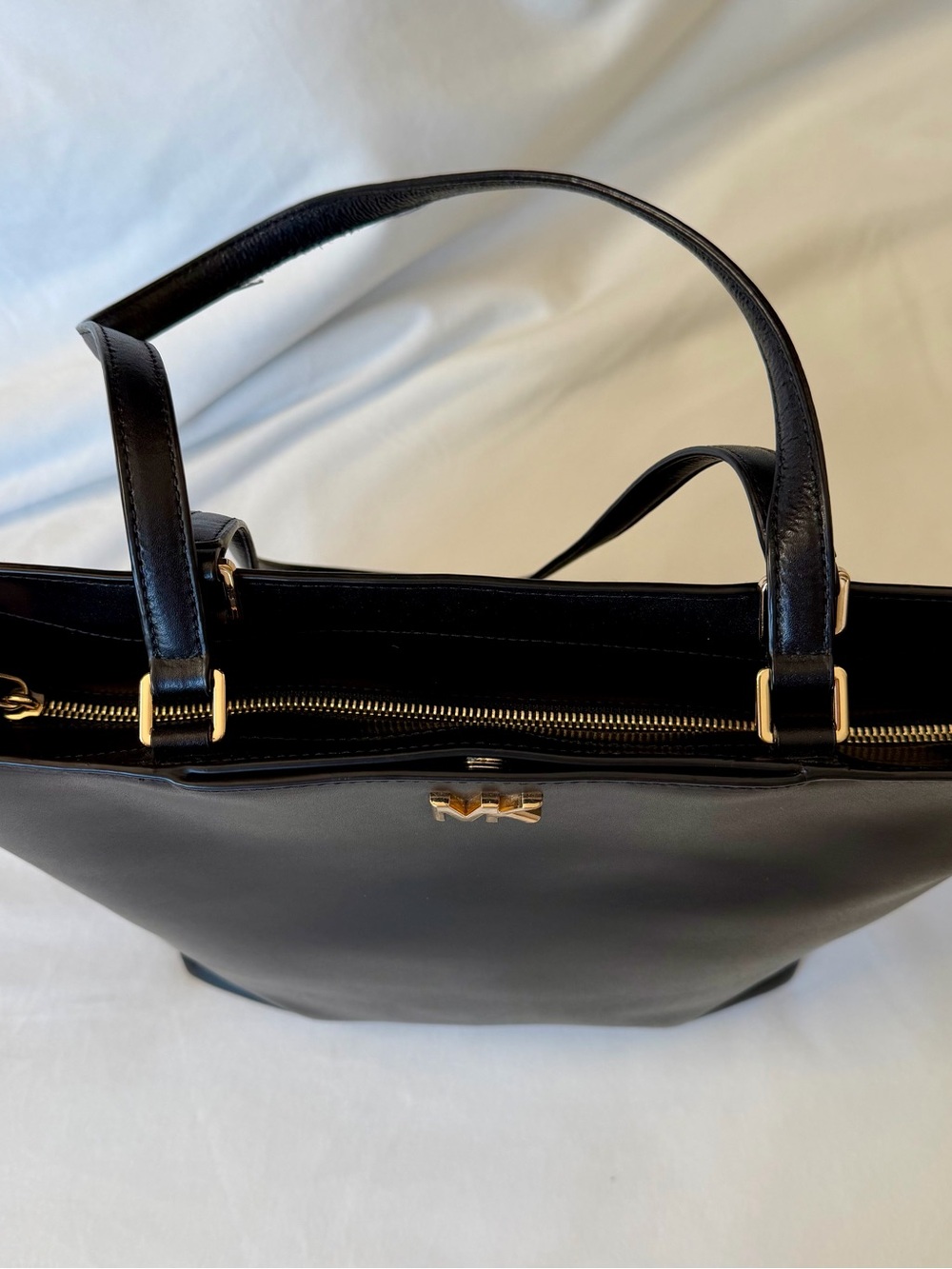 Michael Kors Black Leather Tote with Gold MK Emblem - Picture 7 of 16
